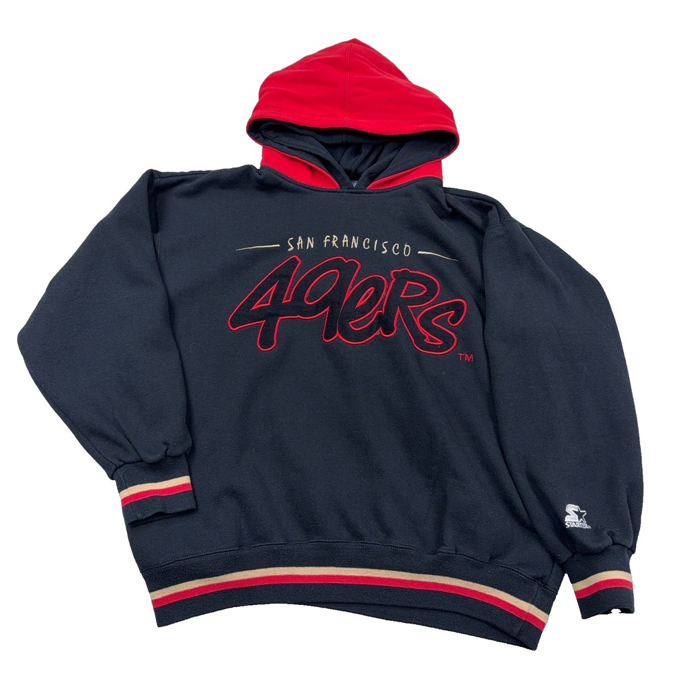 Vintage San Francisco 49ers Hoodie Men Large Black Sweatshirt Script Starter 90s
